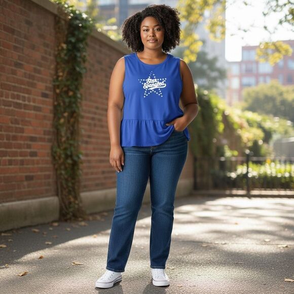 Lane Bryant Blue Tank Top Plus Size 18-20 Sleeveless Peplum STAR SPANGLED Cotton - Picture 9 of 9